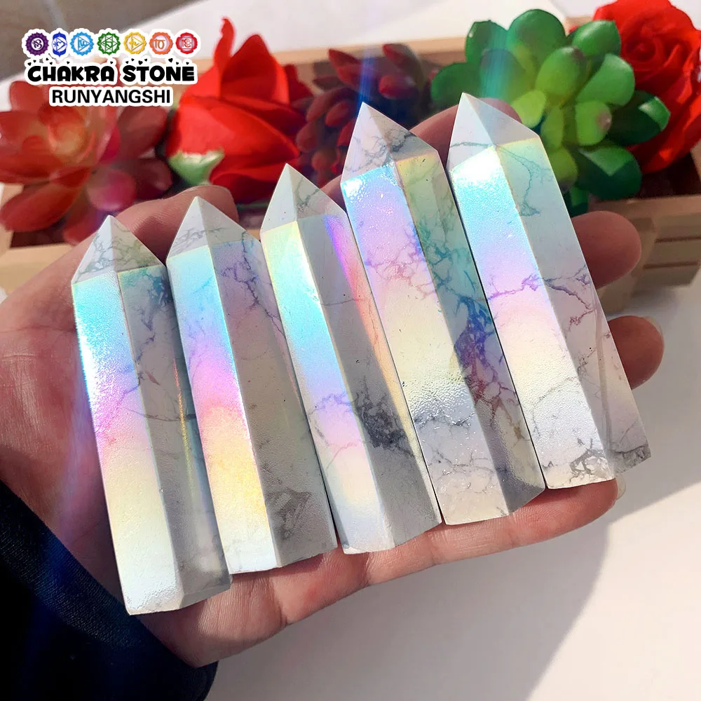 Piedra curativa Natural galvanoplastia howlita Arco Iris Aura Punto de cristal varita energía cuarzo decoración del hogar Reiki Torre regalos, 1pc