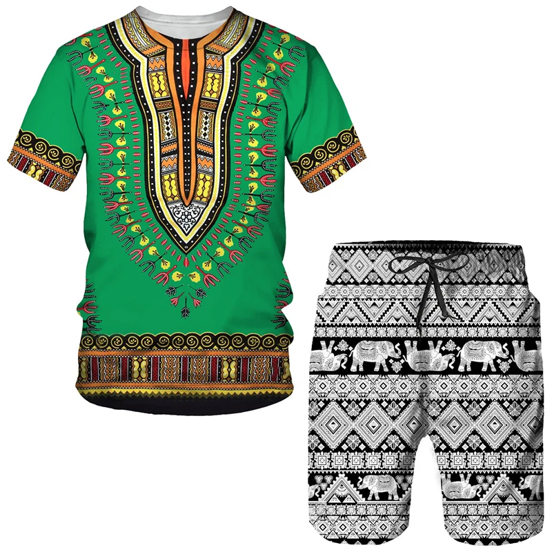 Conjunto con estampado 3D africano para hombre, traje Dashiki informal de verano, camisetas de estilo Vintage y pantalones cortos, ropa tradicional,