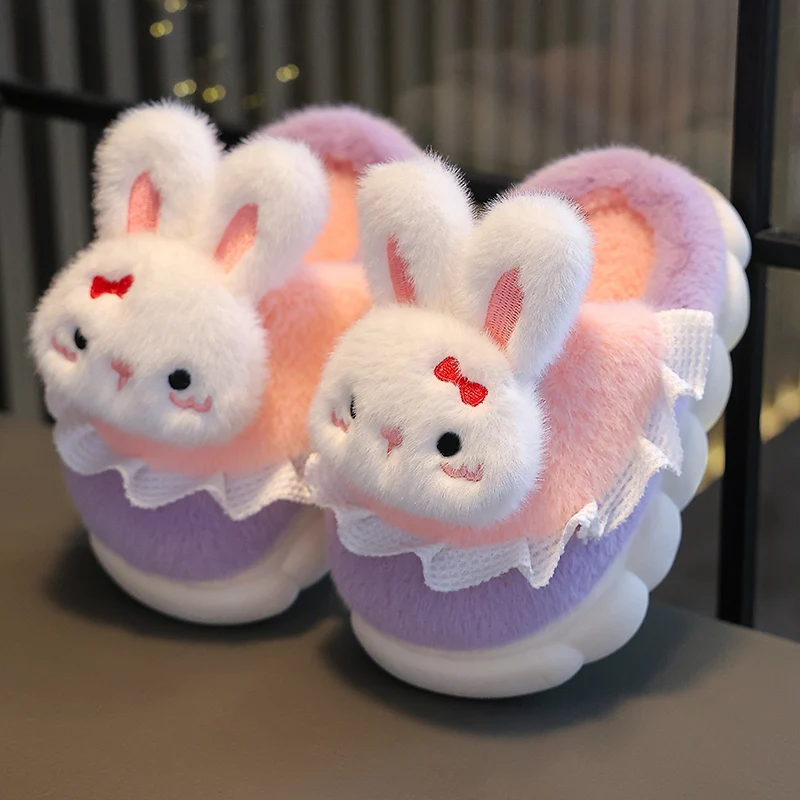 New Winter Warm Cute Bow Rabbit Indoor Closed-toe Mule Soft Non-slip Kids Fluffy Slippers For Girls Children Home Cotton Shoes