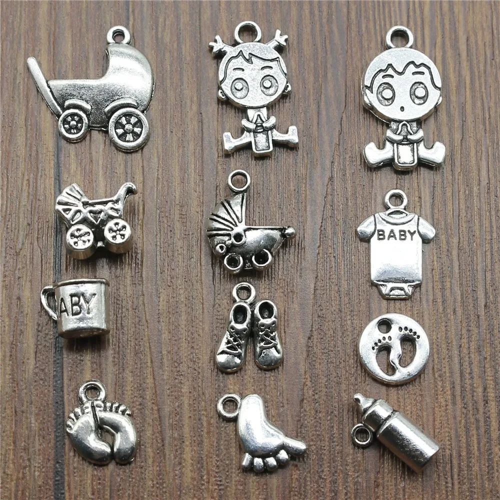 20 unids / lote encantos de bebé Color plata antigua colgantes para carro de bebé para pulseras bonitos encantos de pies de bebé para hacer joyas