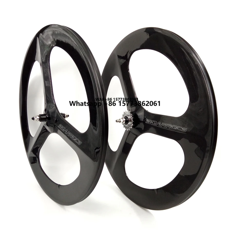 

SoarRocs 700C 23mm Wide Clincher Tubular Tri Spokes Track Bicycle Wheel Carbon 3 Spoke Wheels Disc Brake Fixed Gear 15T 16T 17T