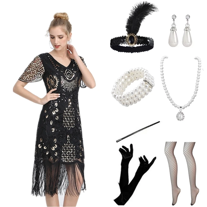 1920s elegante abito da sera Vintage con paillettes Maxi The Great Gatsby Hem Flapper Gown Dress abito da pavimento da sposa Vestido