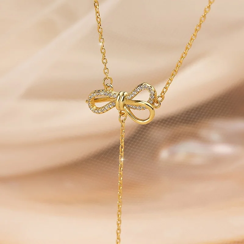 CIAXY Silver Color Inlaid Zircon Bowknot Tassel Necklaces for Women Aesthetic Sexy Clavicle Chain Choker Party Jewelry Gifts