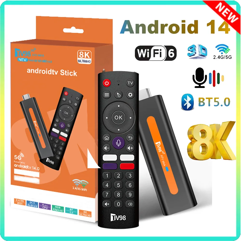 

8K ATV Smart TV Stick 2G 16GB Support Android 14 Video BT5.0 WiFi6 Allwinner H618 Quad Core Cortex A53 Voice Remote Smart TV Box