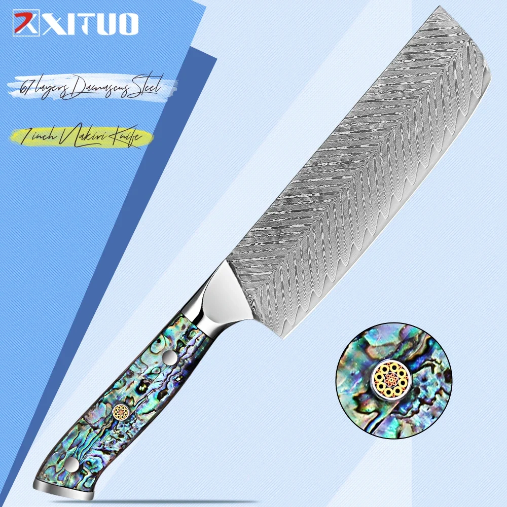 

7 Inch Nakiri Knife Damascus Steel Vegetable Slicing Knife Professional Kitchen Cooking Chef Knife Abalone Shell Acrylic Handle
