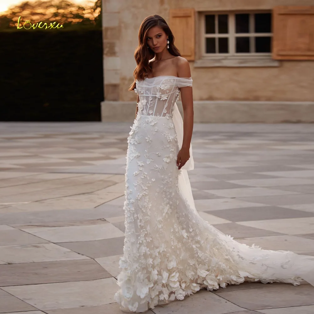 Loverxu Abiti da sposa a sirena Scollo a barca con spalle scoperte Fiocco Vestido De Novia Ricamo Fiori 3D Abito da sposa su misura