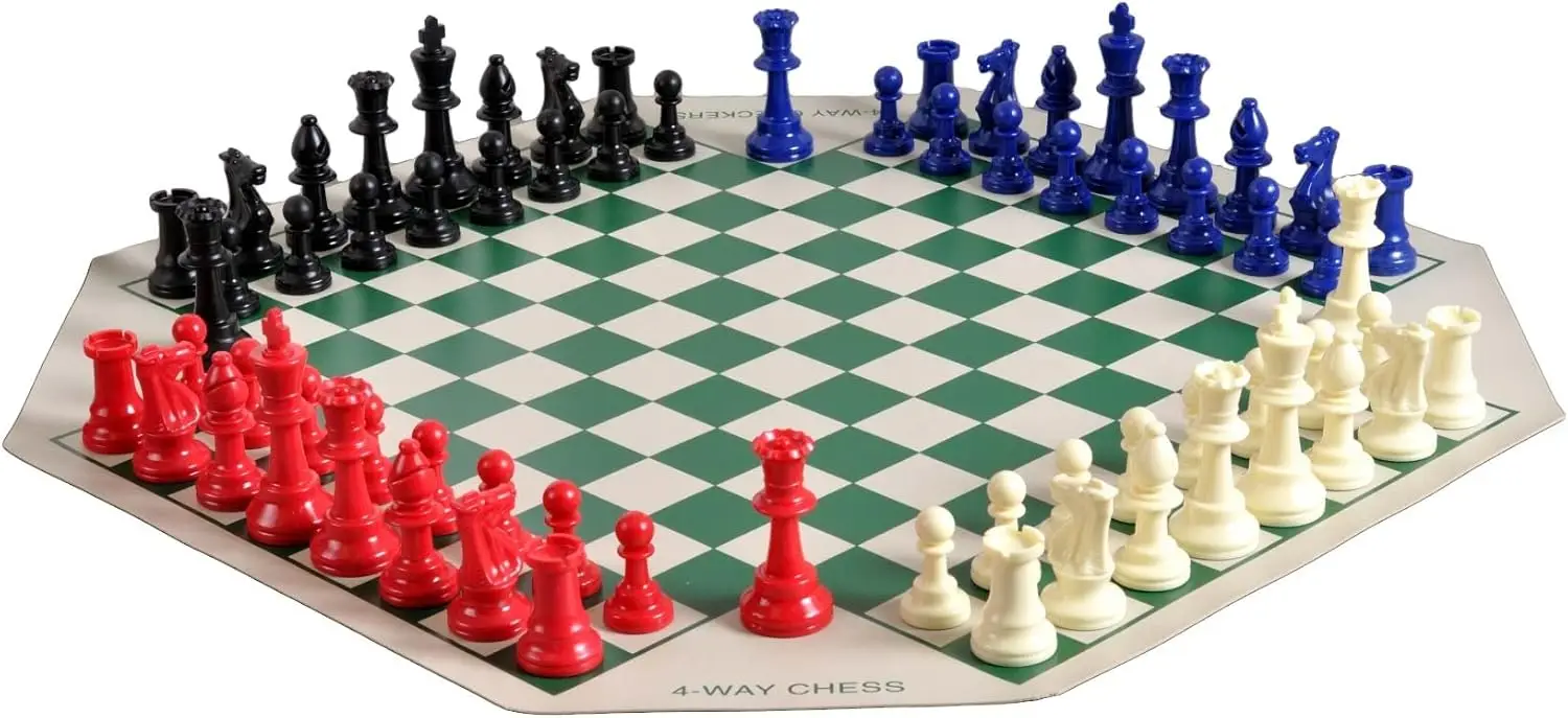 

Four Player Chess Set Combination - Single Weighted Regulation Colored Chess Pieces, Four Player Vinyl Chess Board