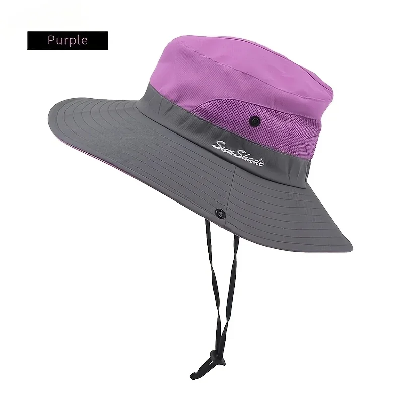 Zweifarbiger Damen-Sonnenhut mit Pferdeschwanzloch – atmungsaktives Mesh, wasserdicht, breite Krempe, für Strand und Angeln für Frühling, Sommer – Detail 8