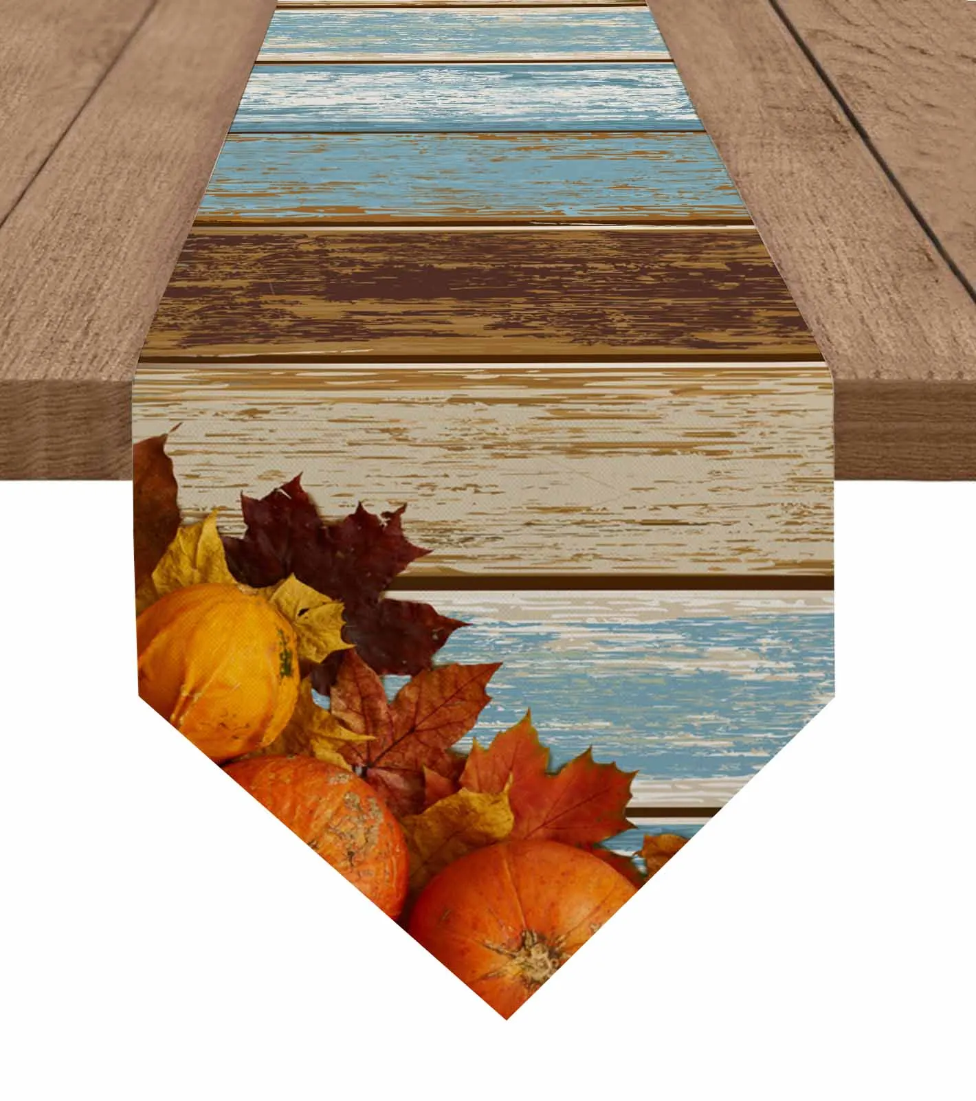 Pumpkin Leaf And Wood Grain Table Runner Wedding Party Tablecloth Coffee Dinning Table Decoration Table Runner