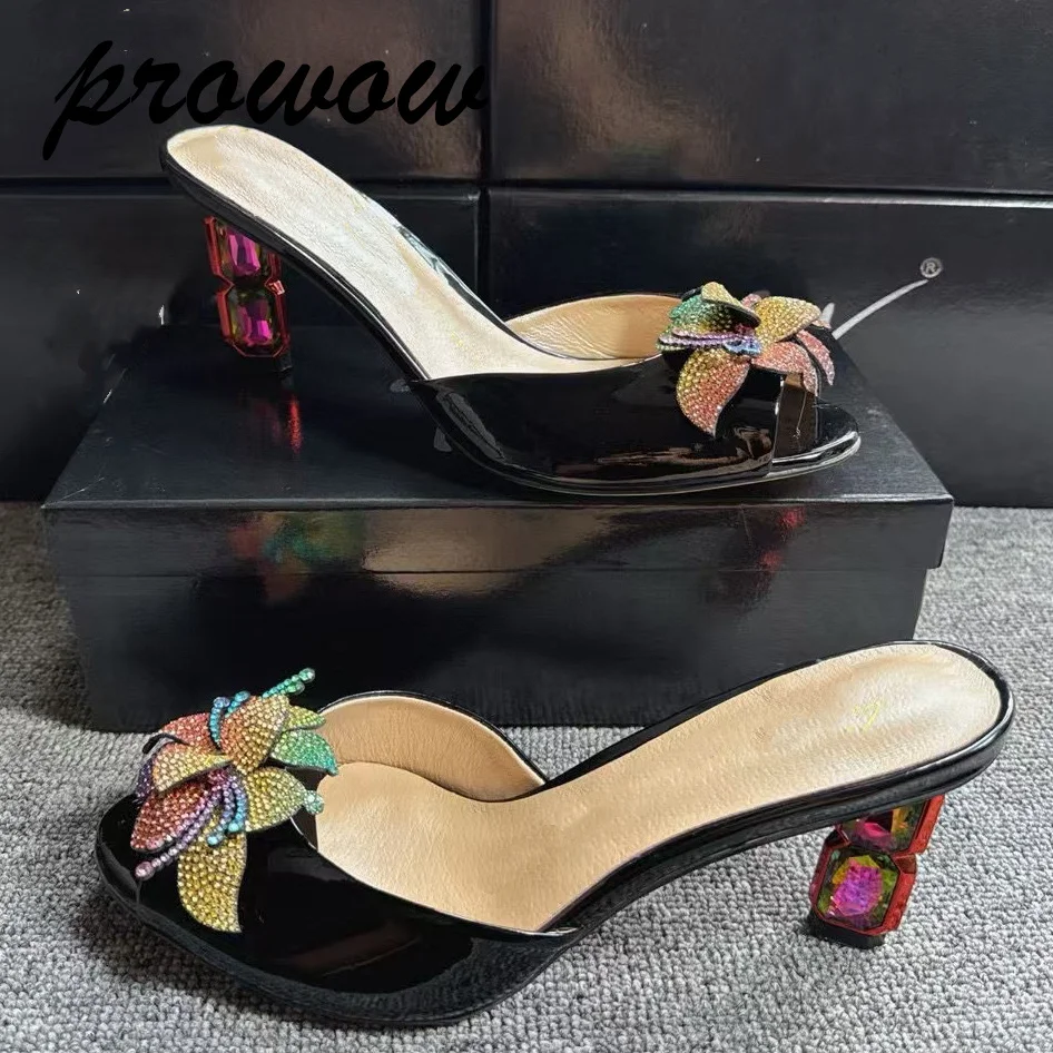 

Модные тапочки с открытым носком, сандалии с цветочным принтом и кристаллами, женская обувь на высоком каблуке, Zapatos Mujer