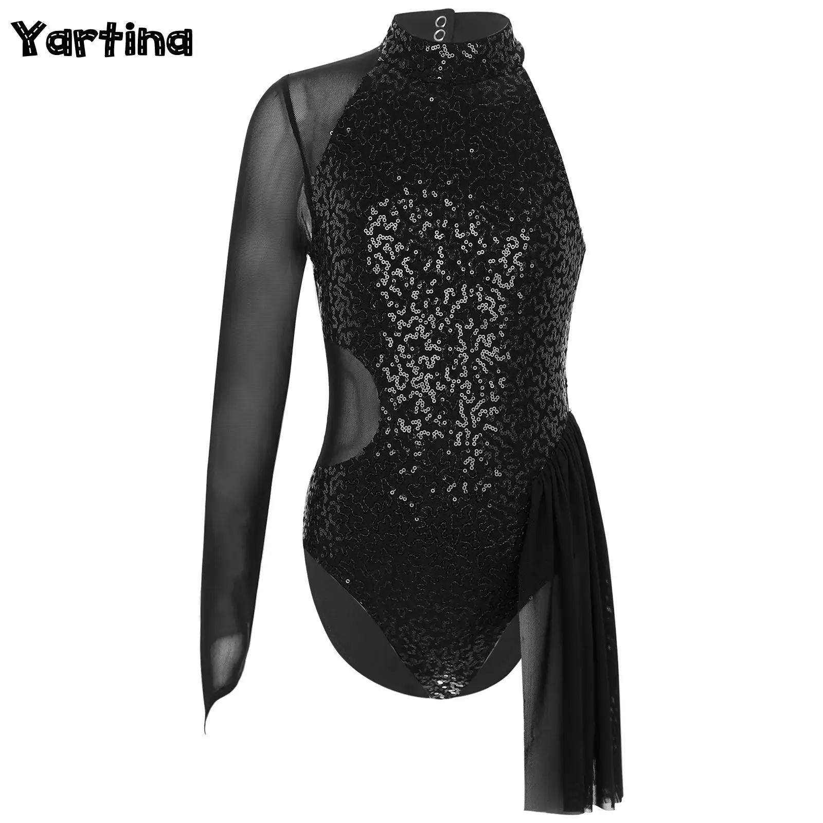 

Kids Girls Figure Skating Ballet Jersey Leotard Costume for Tango Chacha Latin Dancing Glittery Bodysuit Sheer Mesh Jumpsuit