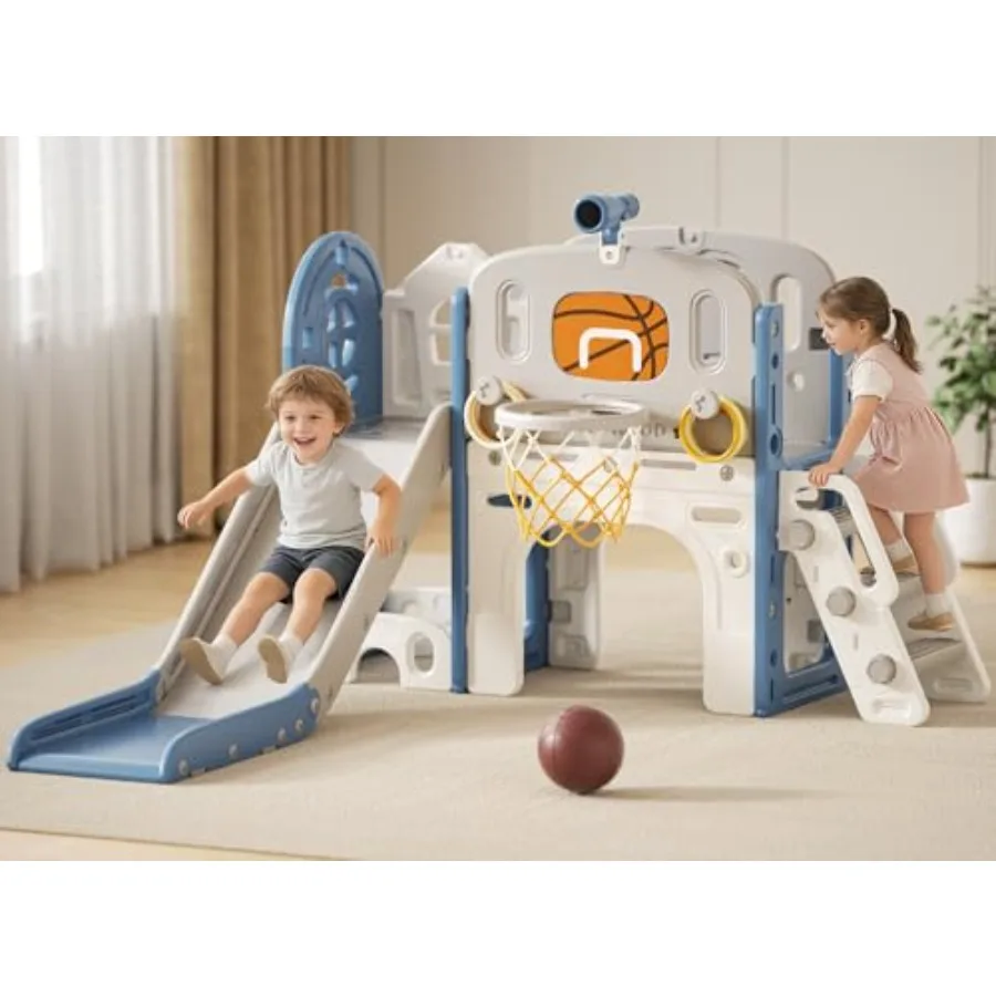 

Уличная и домашняя игровая площадка для малышей 1-3 лет, синяя, 8 в 1: горка, скалодром, баскетбольное кольцо и мяч