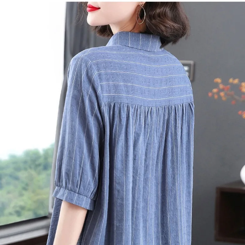 2024 Summer Three Quarter Polo-Neck Large Size Women\'s Clothing Solid Color Striped Temperament Office Lady Shirt Slim Tops