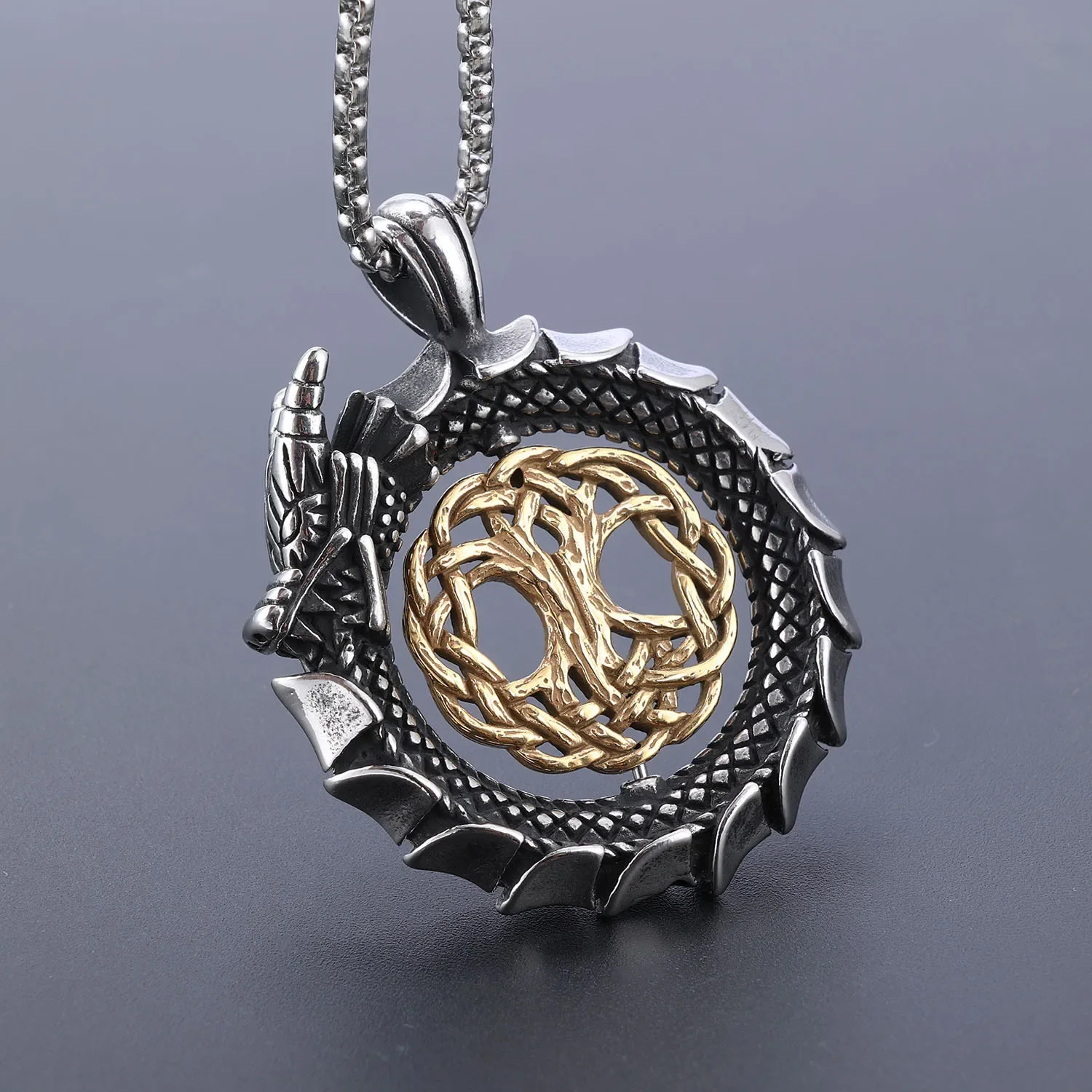 CHUANGCHENG Viking Stainless Steel Rotation Viking Dragon Tree of Life Pendant Men's Necklace Chains Jewelry Accessories