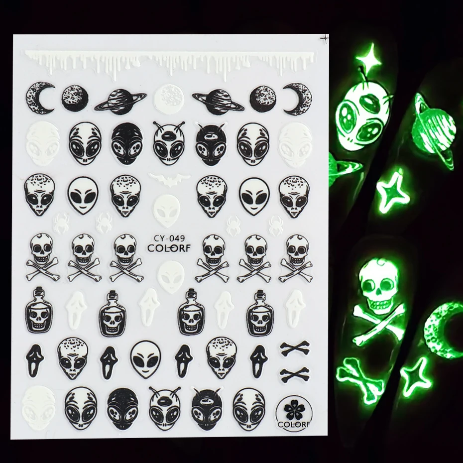 1Sheet 3D Luminous Slider Halloween Nail Art Sticker Skull Alien Planet Decals Glow In The Dark Glitter Nail Tips Decor JICY046