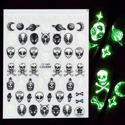 1Sheet 3D Luminous Slider Halloween Nail Art Sticker Skull Alien Planet Decals Glow In The Dark Glitter Nail Tips Decor JICY046