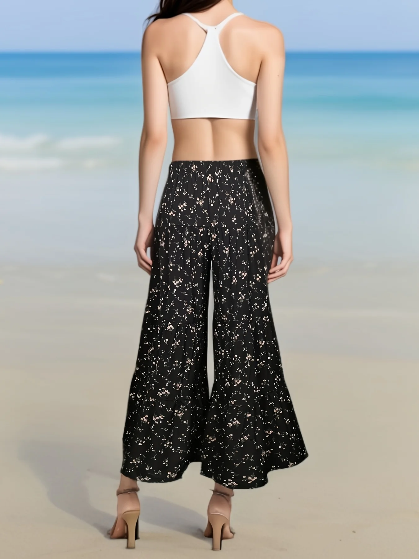 Women's Black Floral Wide-Leg Pants High-Waisted Flowy Loose Long Trousers for Summer Beach Vacation Casual Daily Wear