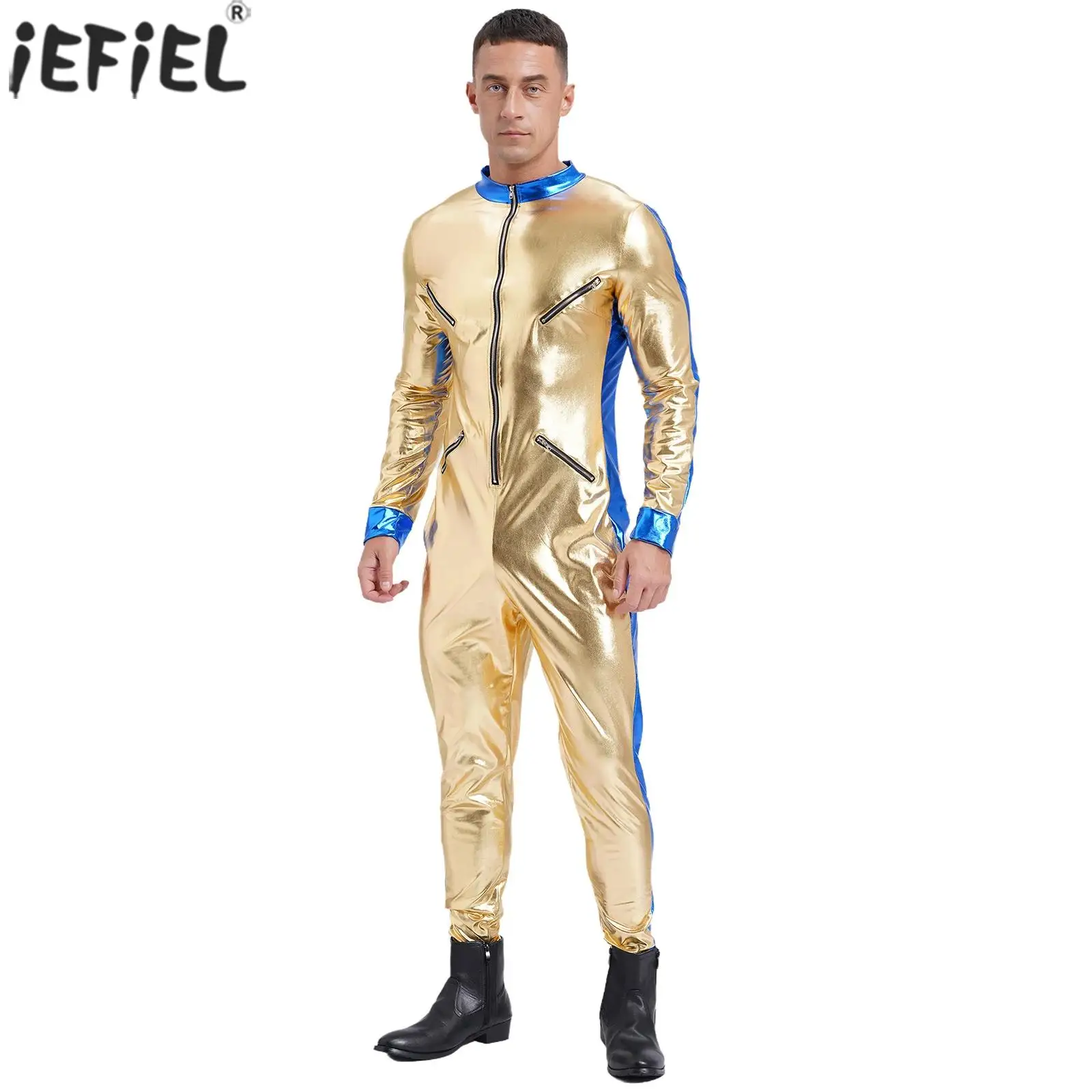 

Carnival Astronaut Pilot Space Cosplay Jumpsuit Men Halloween Shiny Outer Space Uniforms Long Sleeve Rompers Party Playsuit