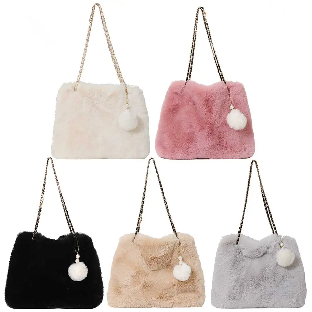 

Women Plush Sling Bag Soft Versatile Shopping Bag Faux Fur with Pendant Large Capacity Female Fashion Travel Bag