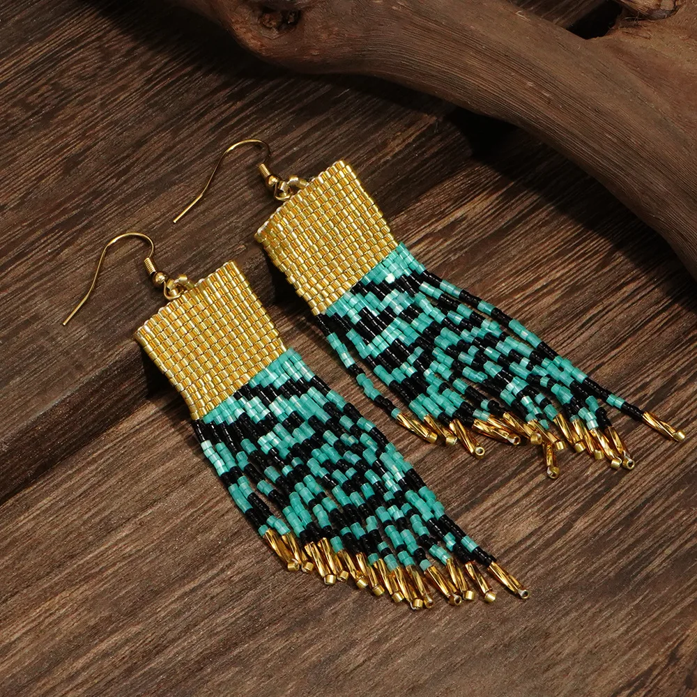 Rice bead earrings Tassel Originality Geometry Irregularity Design Hand knitting Bohemia Alloy Fashion Simple Beaded earrings