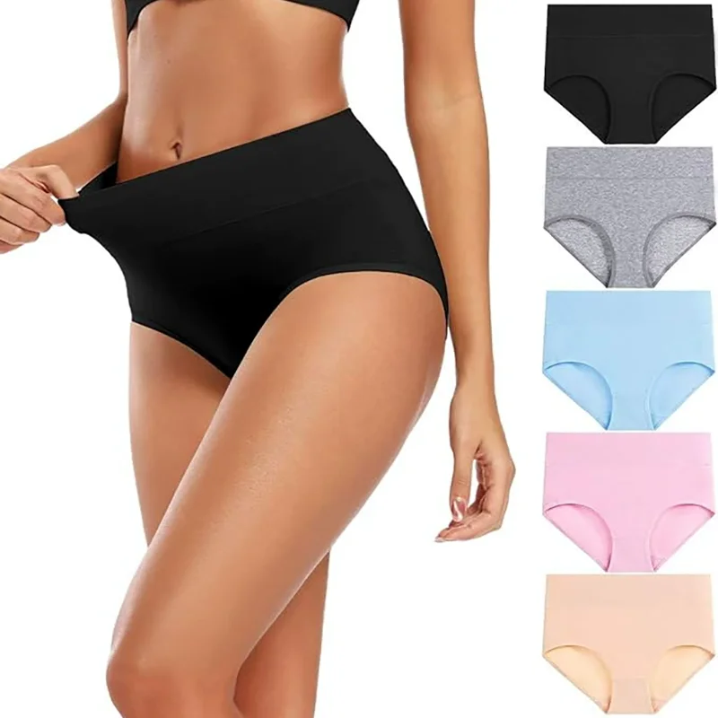 5 Stück Damen-Höschen mit hoher Taille, Baumwolle, Übergröße, Shaper, einfarbig, atmungsaktiv, Bauchunterstützung, Unterwäsche, sexy Dessous für Damen – Detail 3