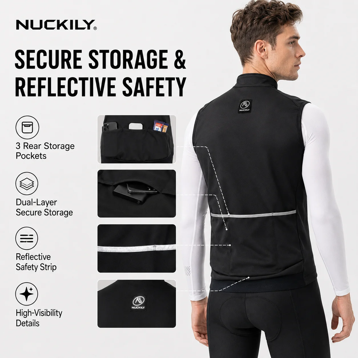 NUCKILY Men Cycling Vest Windproof Thermal Fleece Bike Gilet Winter Road MTB Sleeveless Jersey YKK Zipper Rear Pockets