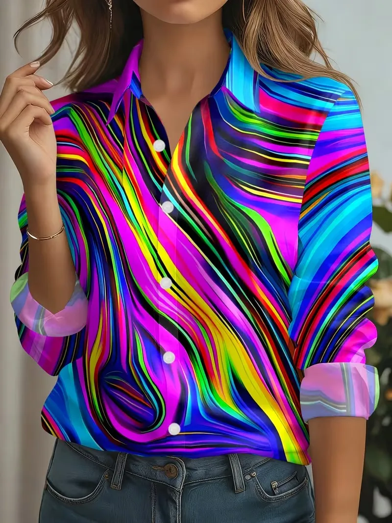 Autumn New Women's Shirts Gradient Stripes Print Blouse Lapel Neck Long Sleeve Office Ladies Tops Shirts Casual Womens Clothes