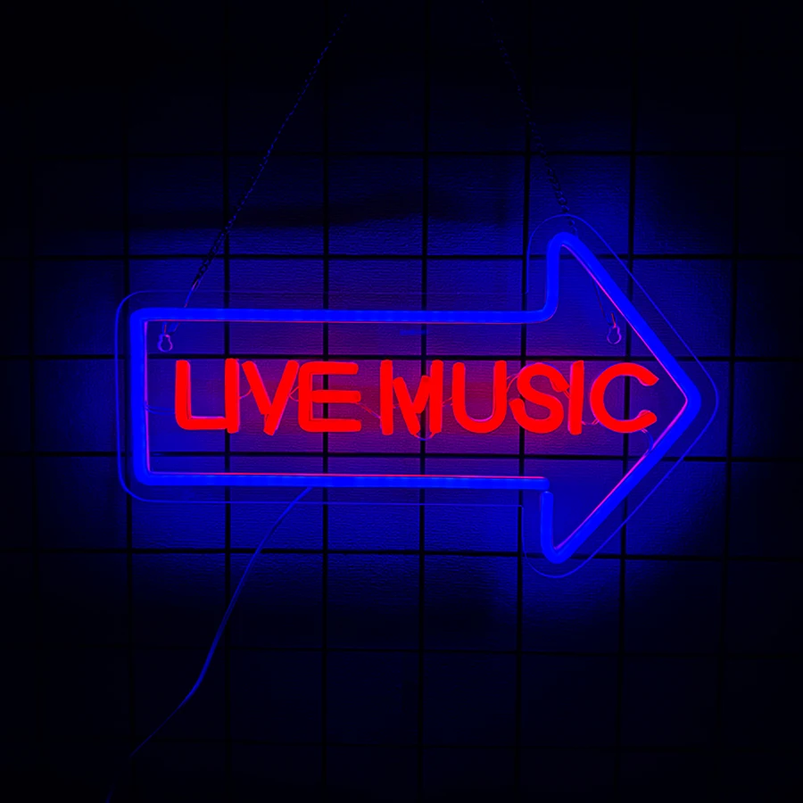 Live Music Neon Sign,LED Arrow Sign, Wall Decor for Music Studio, Recording Room,  Bar,Restaurant, Man Cave Party Decor