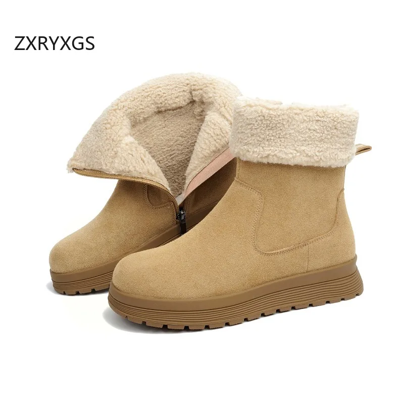 ZXRYXGS Premium Frosted Cowhide Plush / Wool Shoes Comfortable Warm Snow Boots Flats 2025 Large Size in-tube Women Winter Boots