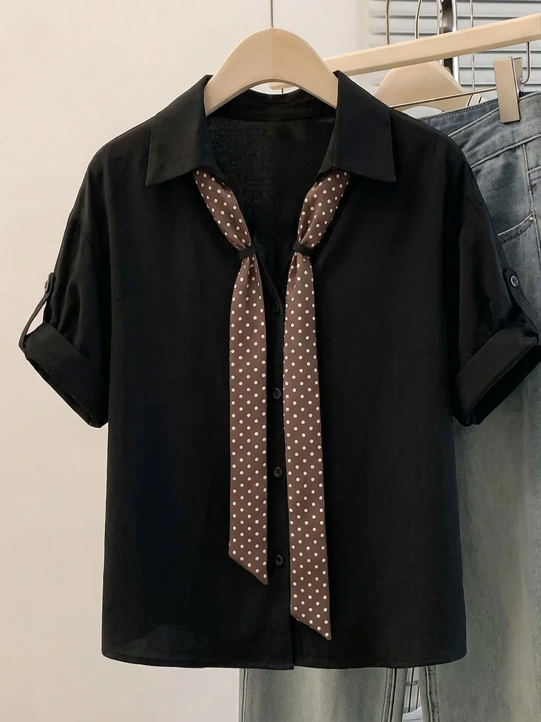 

Elegant Black Polka Dot Shirt V-Neck Shoulder-Length Sleeves Women's Korean Style Commute Fashion plus Size Office Top
