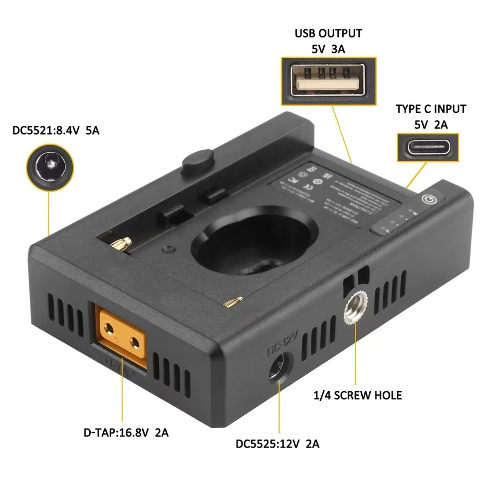 NP-F Battery Charger Battery Adapter Plate Cold Shoe Adapter 1/4in for NP-F550 F750 F970 for BMPCC 4K 6K DSLR ILDC