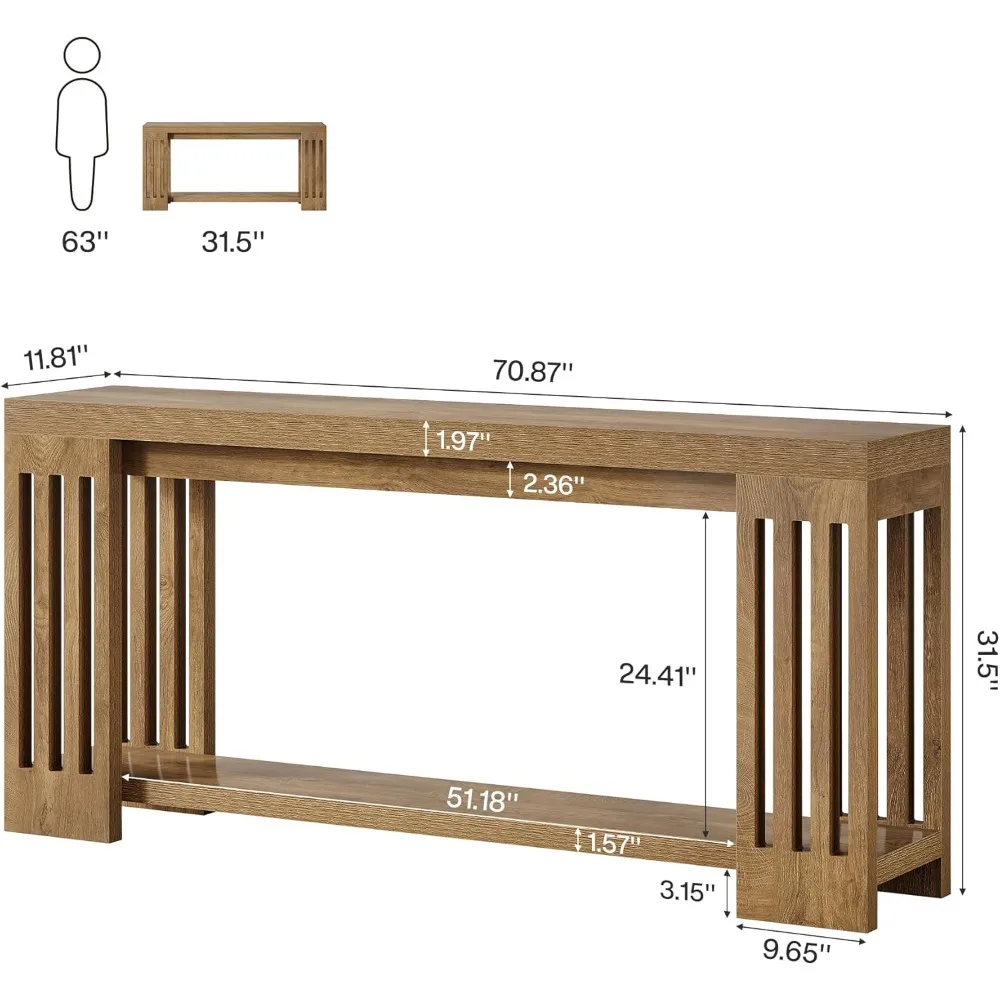 Mesa de console de entrada estilo fazenda longa de 70,9 polegadas com design de duas camadas e pernas de listra vertical