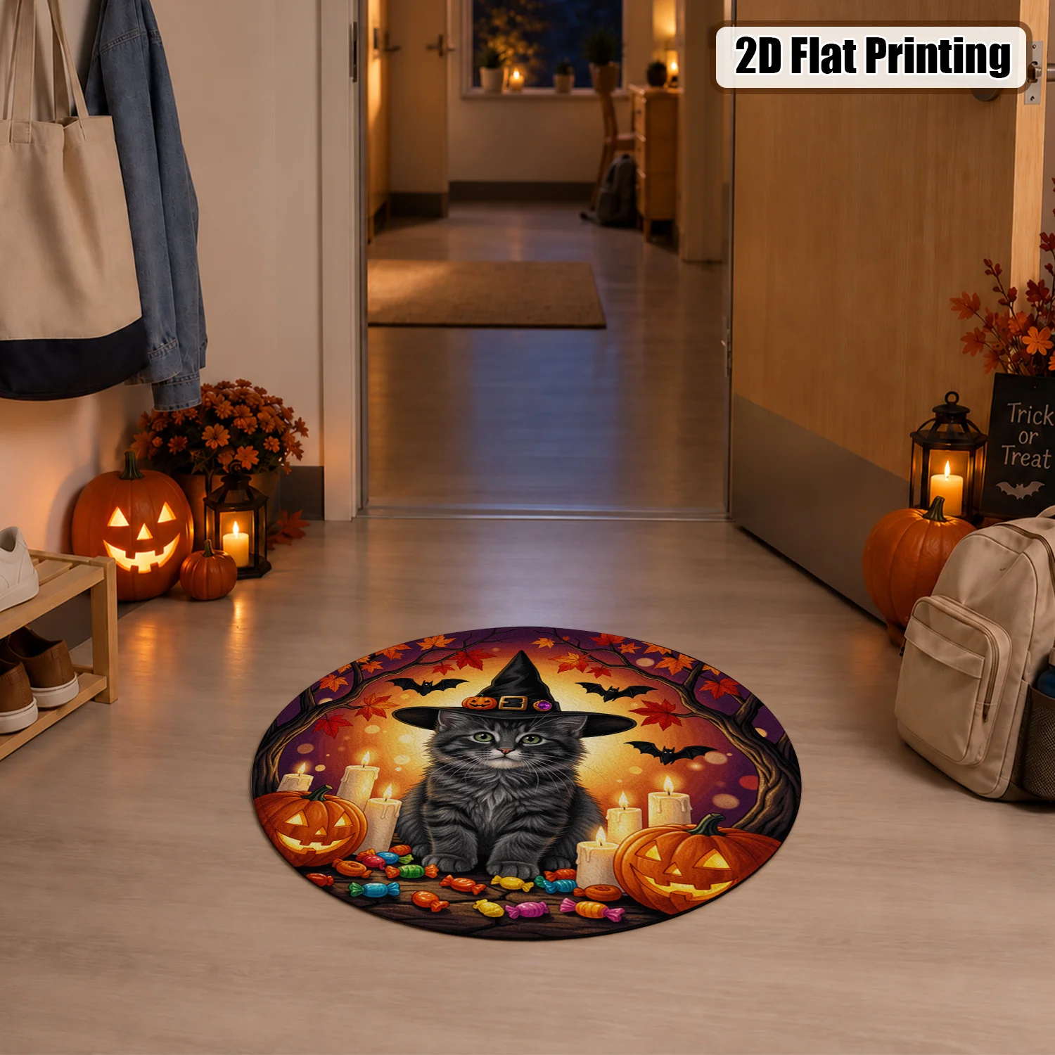Halloween Witch Cat Pumpkin Bat Pattern Round Velvet Area Rug, Machine Washable, Perfect for Living Room, Entryway, Bedroom, Ideal for Halloween, Thanksgiving, Christmas, New Year, Black Friday, Cyber Monday Home Decor