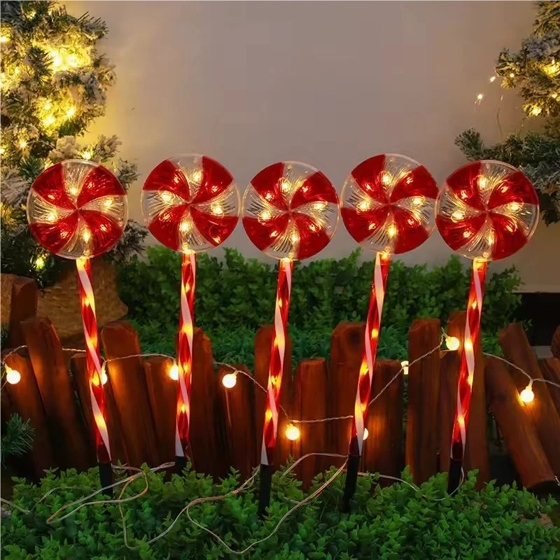 5PC/Set LED Solar Lollipop Light,Outdoor Waterproof Warm White Christmas Candy Light Garden Courtyard Lawn Decoration Lights