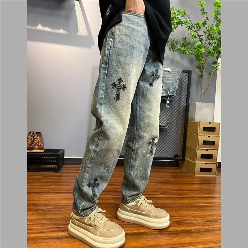 

Модные мужские джинсы с крестообразным принтом, прямые, с эффектом потертости, осенне-зимние, винтажные, длинные брюки в уличном стиле