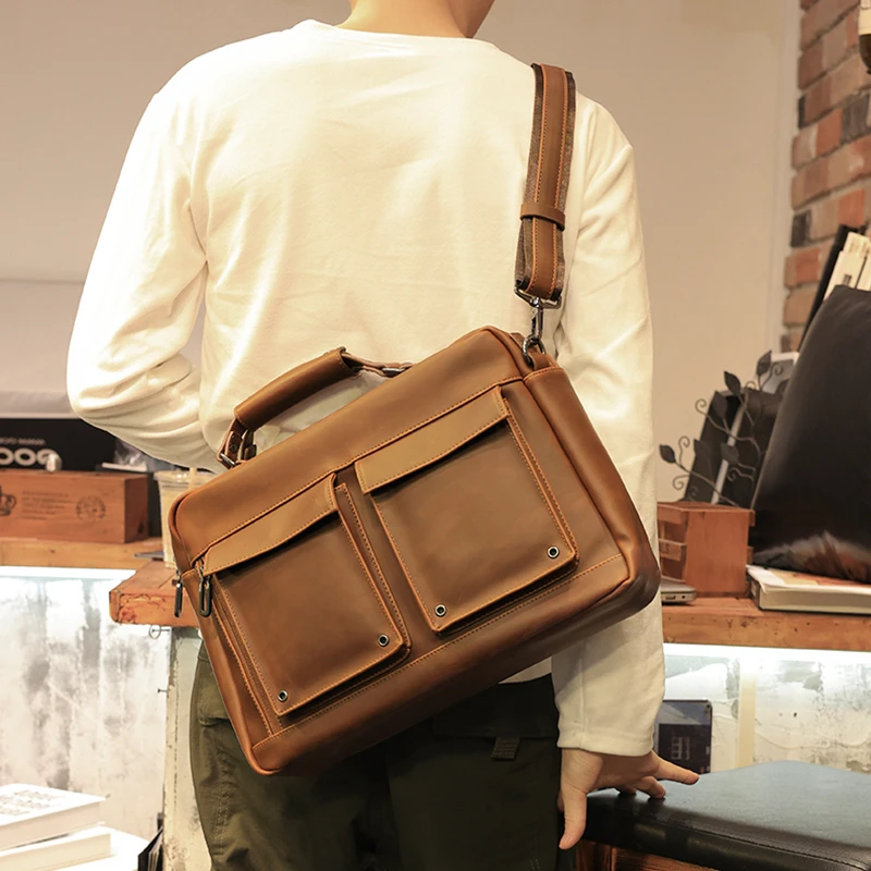 2024 Brown Vintage Men's Handbag Business Documents Brief Case 13-14