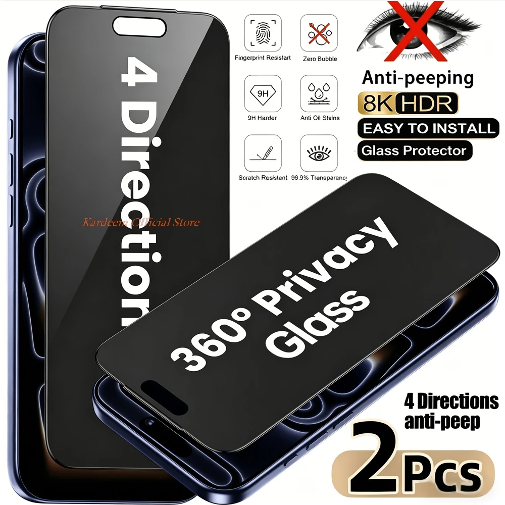 2Pcs 4-Way 360-Degree Privacy Screen Protectors Tempered Glass For iPhone 18 Pro Max Ultra 17 Pro 14 15 Pro Max 16 13 Pro 14Plus