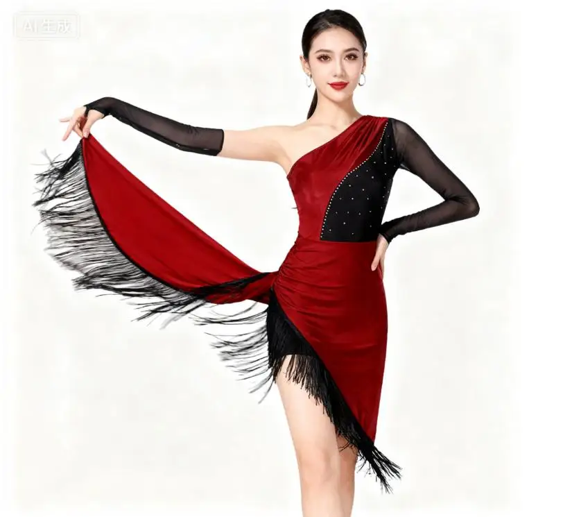 Womens glanzende strass kwastje Latin dansjurk Salsa Tango stijldansen kostuum één schouder asymmetrische franje jurk