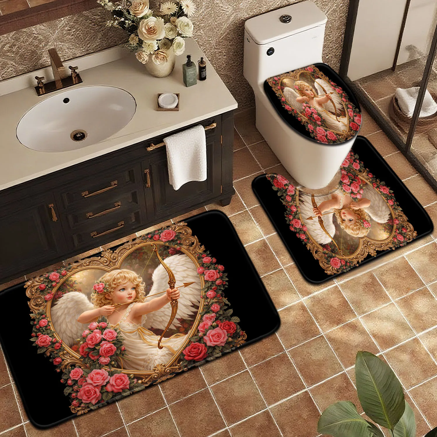 Luxury Bathroom Mat Set 3 Piece Set Romantic Angel Art Bath Rugs for Home Decor Bathroom Accessories