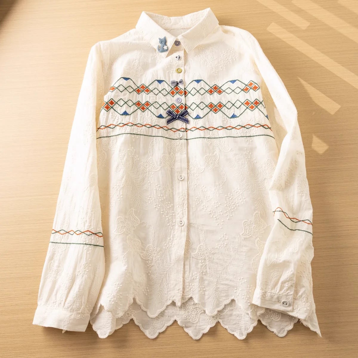 Ethnic Embroidery Shirt Women Spring Autumn Stand Collar Cotton White Beige Long Sleeve Blouse Tops Boho Clothing