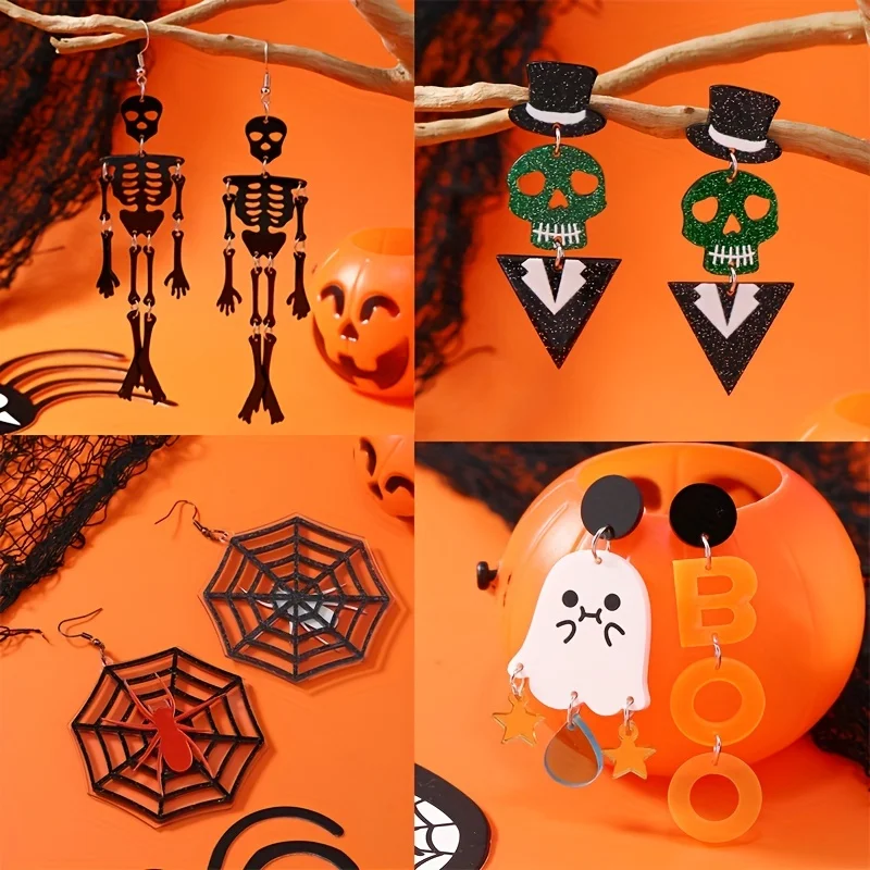 2 PCS European and American Halloween Horror Ghost Cute Skeleton Head Spider Web Bat Acrylic Earring Pin