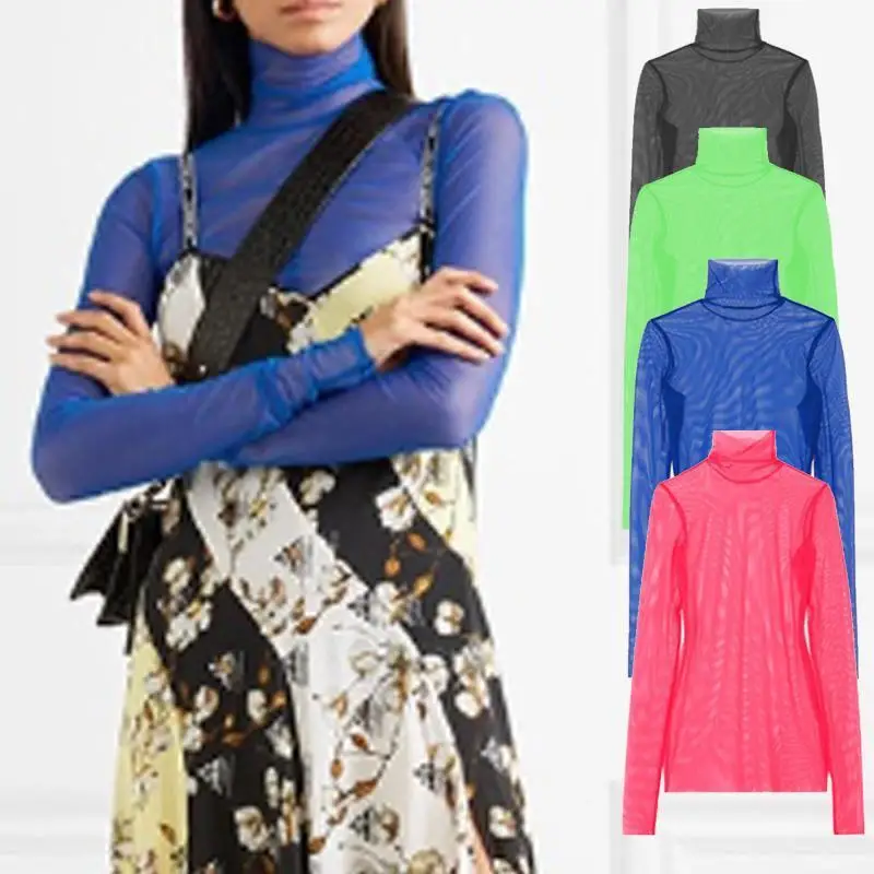 See Through Top Women Korean Sweet Sexy Spicy Girl Solid Color Fluorescent Mesh Lace Long Sleeve Ice Silk Sunscreen T-Shirt