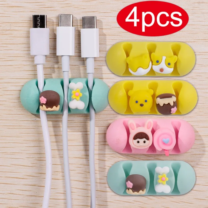 Flexível Cartoon Cable Organizer, Cabo USB Winder, Clipes Arranjados para Mouse, Teclado, Fone de ouvido, Gerenciamento de Cabo de Dados, Suporte do fio, 1-4Pcs