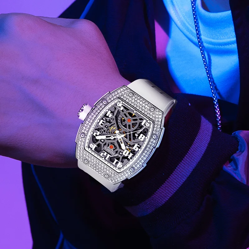 Haofa luxury Mechanical watch Man Luminous Skeleton Diamond Automatic Movement Barrel Sapphire Crystal automatic movement 1923S