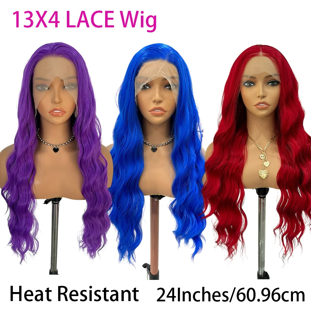 13x4 Red Wig Long Natural Wave Synthetic Lace Wig Purple Wig Loose Curl Lace Front Wig for Women Blue Wave Wig Brown Wig Cosplay