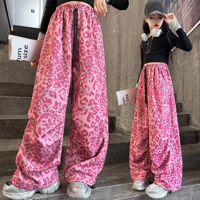 

Fashion Kids Trendy Pink Leopard Jeans For Girls y2k American High Street Loose Straight Denim Pants Children Hip Hop Trousers