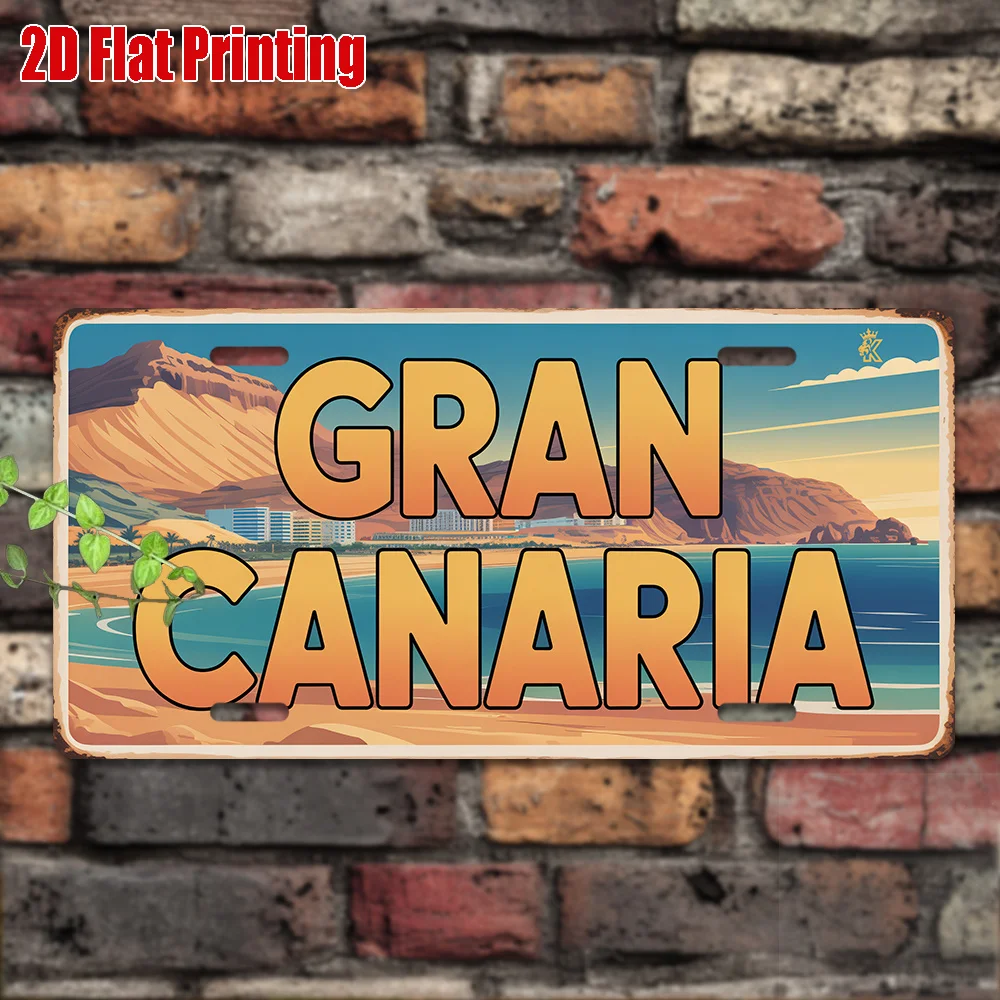 Letrero Metálico de Aluminio HD, Decoración de Pared Estilo Matrícula Vintage de Gran Canaria, Paisaje Retro de Playa, Montaña y Ciudad de las Islas Canarias