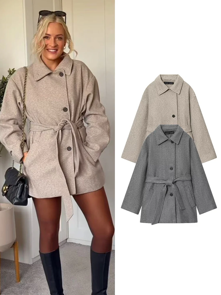 

TFMLN Women Woolen Coat Autumn Winter 2025 Single Breasted New Loose Stand Collar Belt Double-sided Ladies Commuter Overcoat