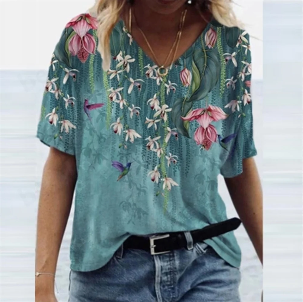 

Women's fashion landscape floral print V-neck loose short-sleeved T-shirt