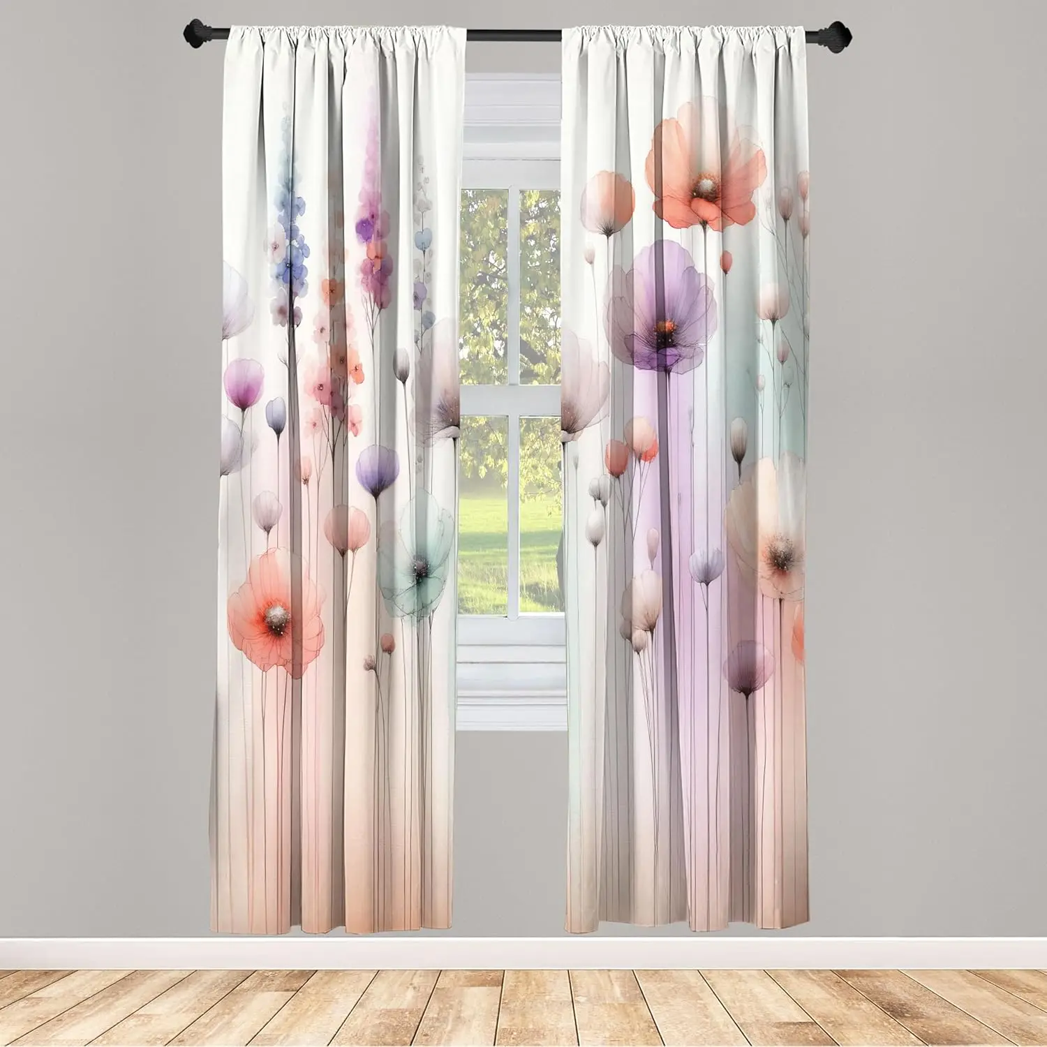 Ambesonne Floral Window Curtains, Dreamy Silhouettes of Fantasy Woods Gentle Poppy Flowers and Lavenders, Lightweight Decorative